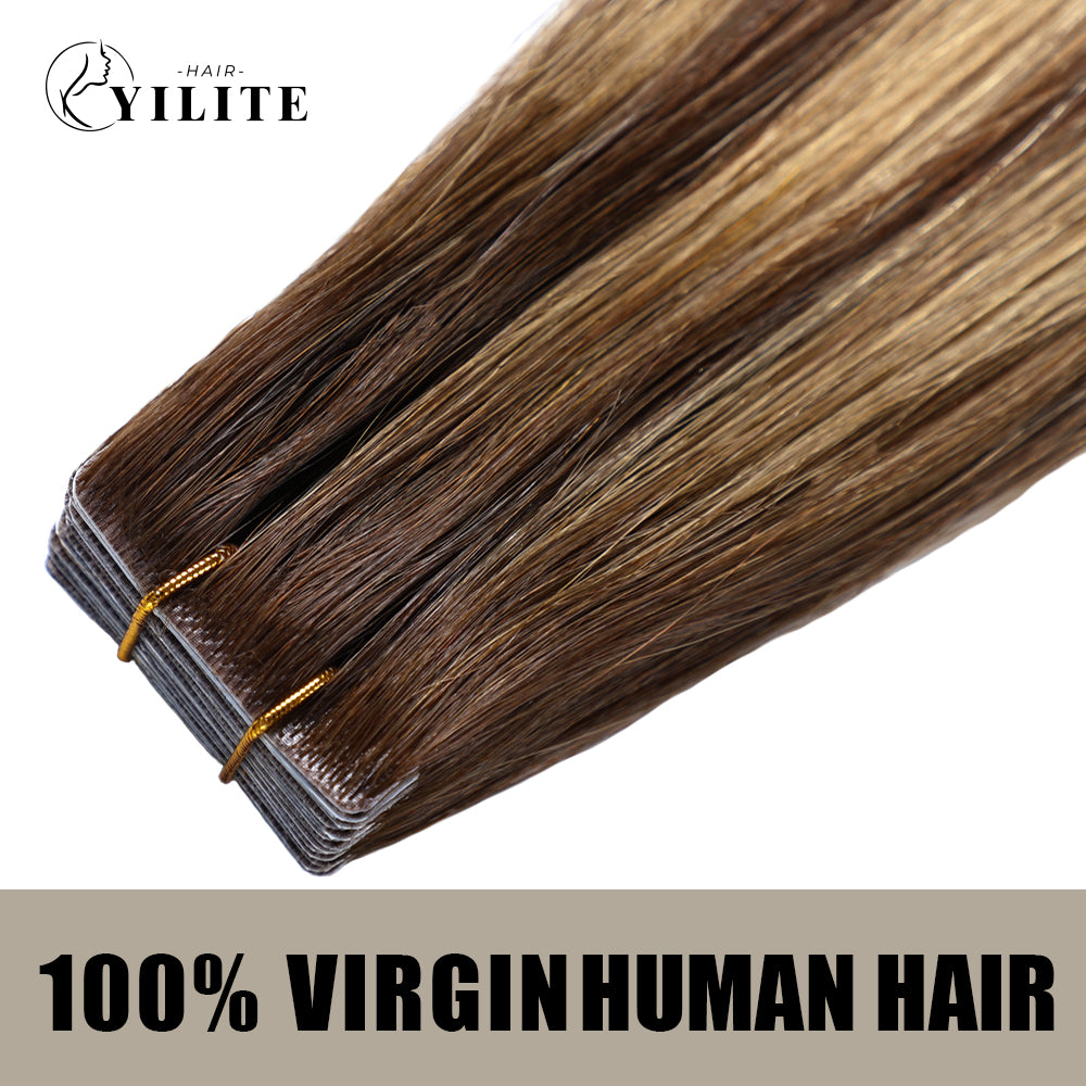 YILITE Seamless Injected Hand-Tied Invisible Tape In Hair Extension 20Pcs Virgin Human Hair (P4/27/T4)