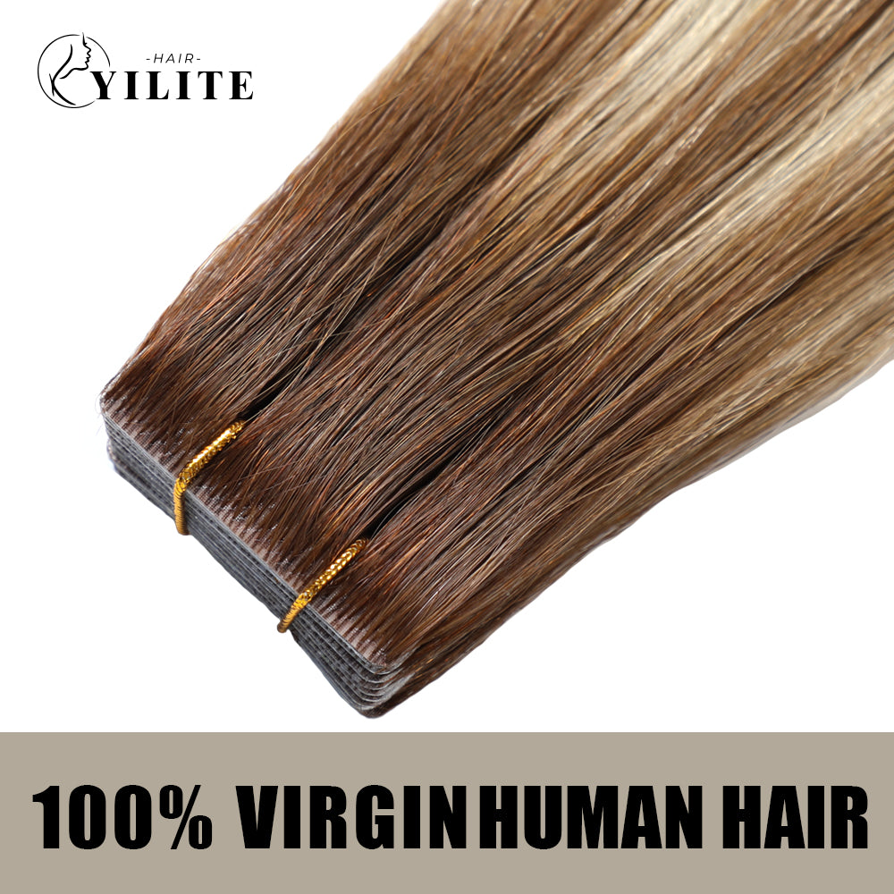 YILITE Seamless Injected Hand-Tied Invisible Tape In Hair Extension 20Pcs Virgin Human Hair (P6/613/T4)