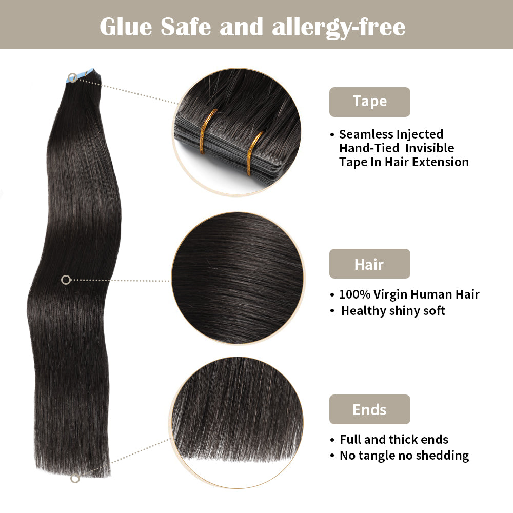 YILITE Seamless Injected Hand-Tied Invisible Tape In Hair Extension 20Pcs Virgin Human Hair (#1B )