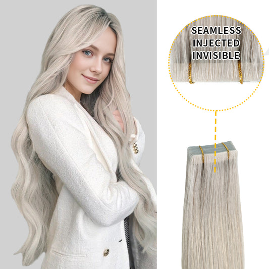 YILITE Seamless Injected Hand-Tied Invisible Tape In Hair Extension 20Pcs Virgin Human Hair (#Silver)