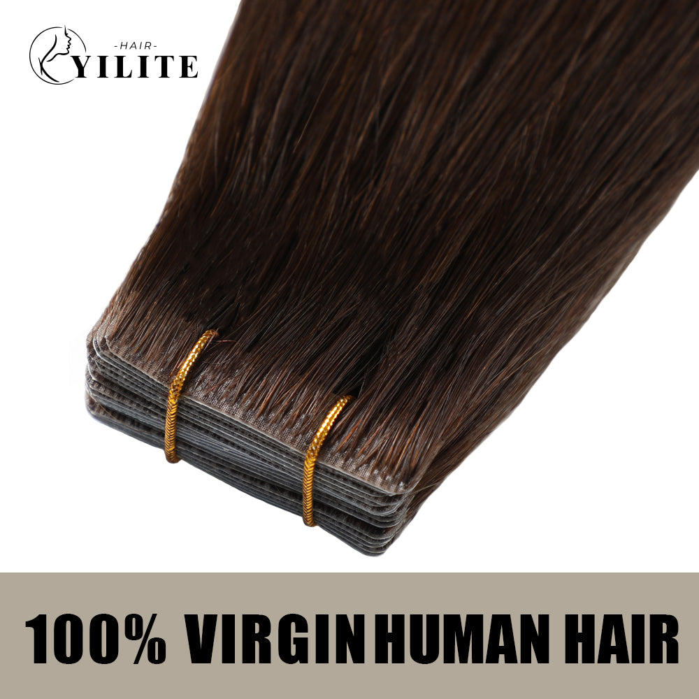 YILITE Seamless Injected Hand-Tied Invisible Tape In Hair Extension 20Pcs Virgin Human Hair (#2 Darkest Brown)