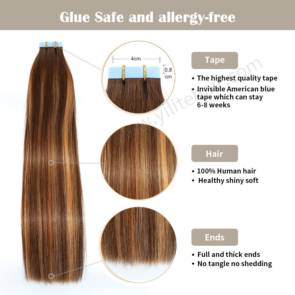 YILITE Tape In Hair Extensions 24Pcs Tape Ins Natural Remy Human Hair (#P4/27/T4 Chocolate Brown to Caramel Blonde)