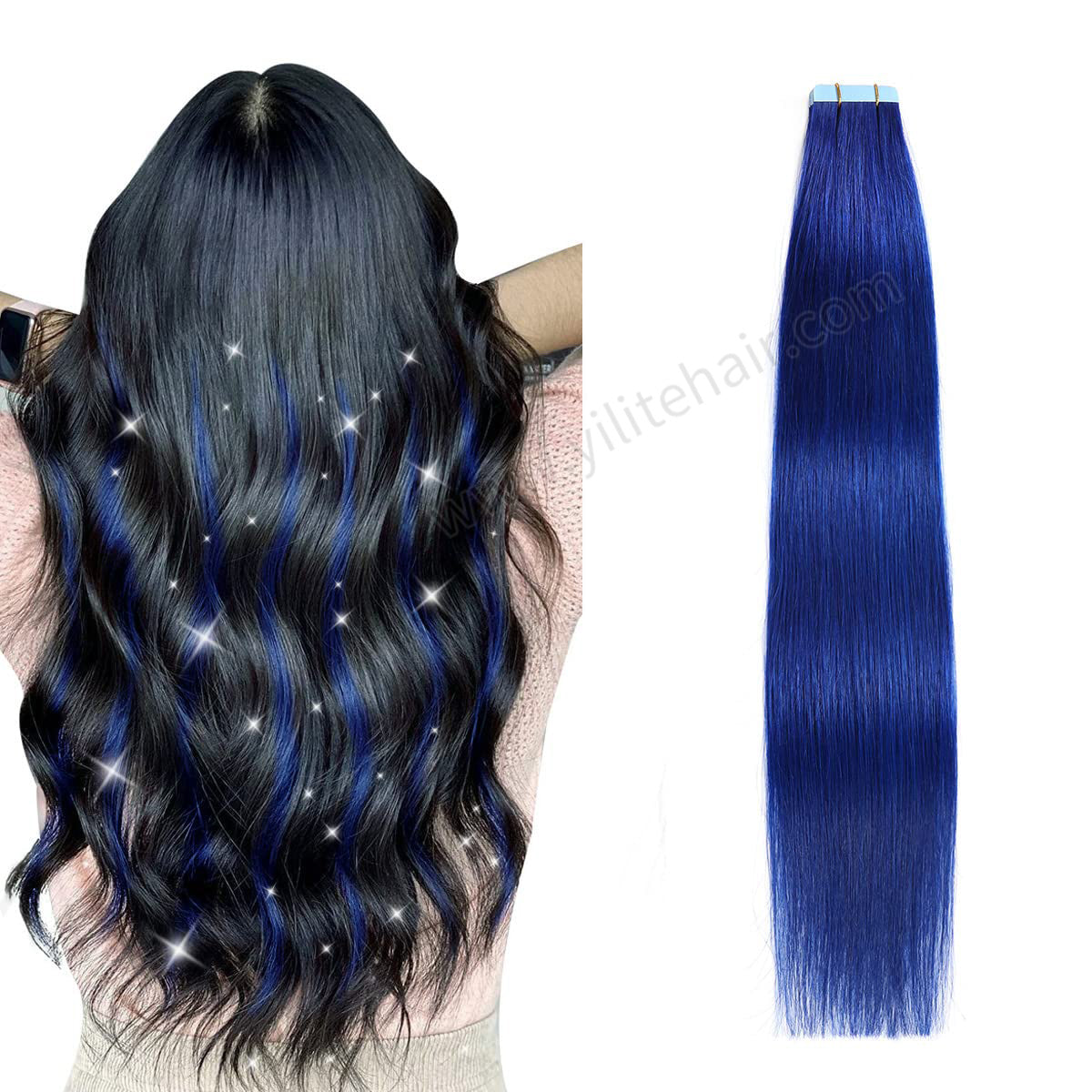 YILITE Tape In Hair Extensions 24Pcs Tape Ins Natural Remy Human Hair (#Blue)