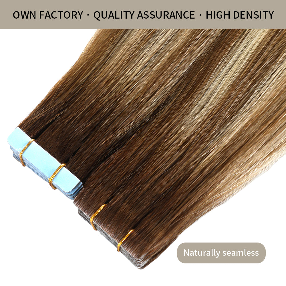 YILITE Seamless Injected Hand-Tied Invisible Tape In Hair Extension 20Pcs Virgin Human Hair (P6/613/T4)