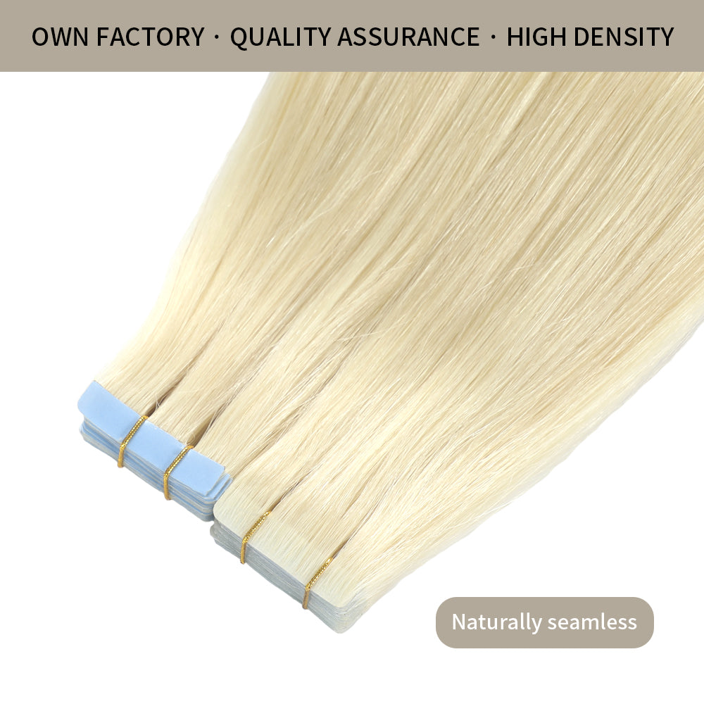 YILITE Seamless Injected Hand-Tied Invisible Tape In Hair Extension 20Pcs Virgin Human Hair (#60 Platinum Blonde)