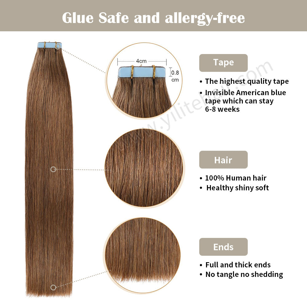 YILITE Tape In Hair Extensions 24Pcs Tape Ins Natural Remy Human Hair (#6 Chestnut Brown)