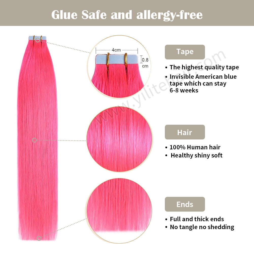 YILITE Tape In Hair Extensions 24Pcs Tape Ins Natural Remy Human Hair (#Hot Pink)