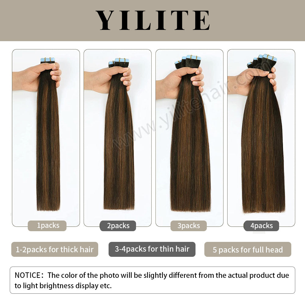 YILITE Tape In Hair Extensions 24Pcs Tape Ins Natural Remy Human Hair (#2 Darkest Brown)