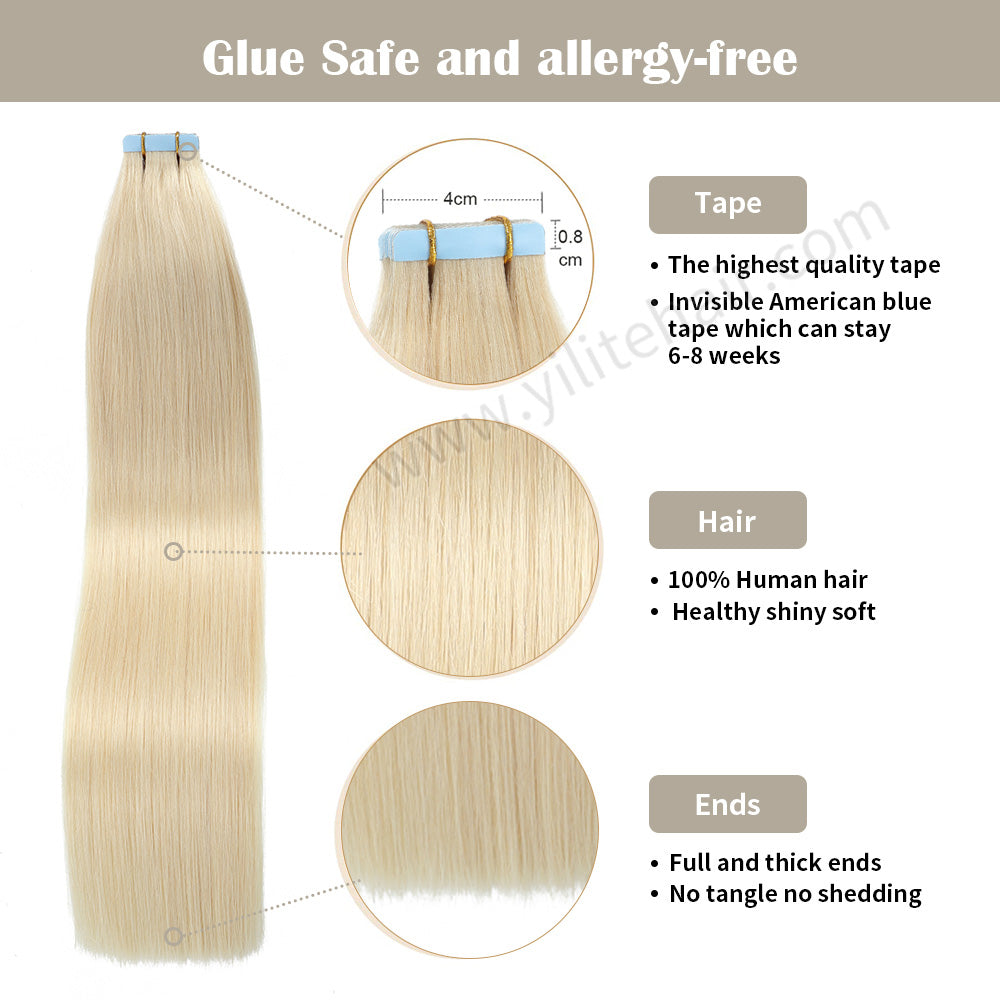 YILITE Tape In Hair Extensions 24Pcs Tape Ins Natural Remy Human Hair (#613 Bleach Blonde)