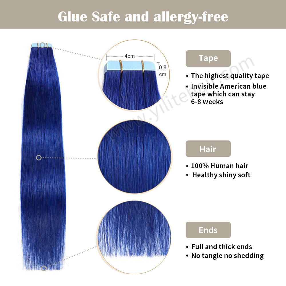 YILITE Tape In Hair Extensions 24Pcs Tape Ins Natural Remy Human Hair (#Blue)