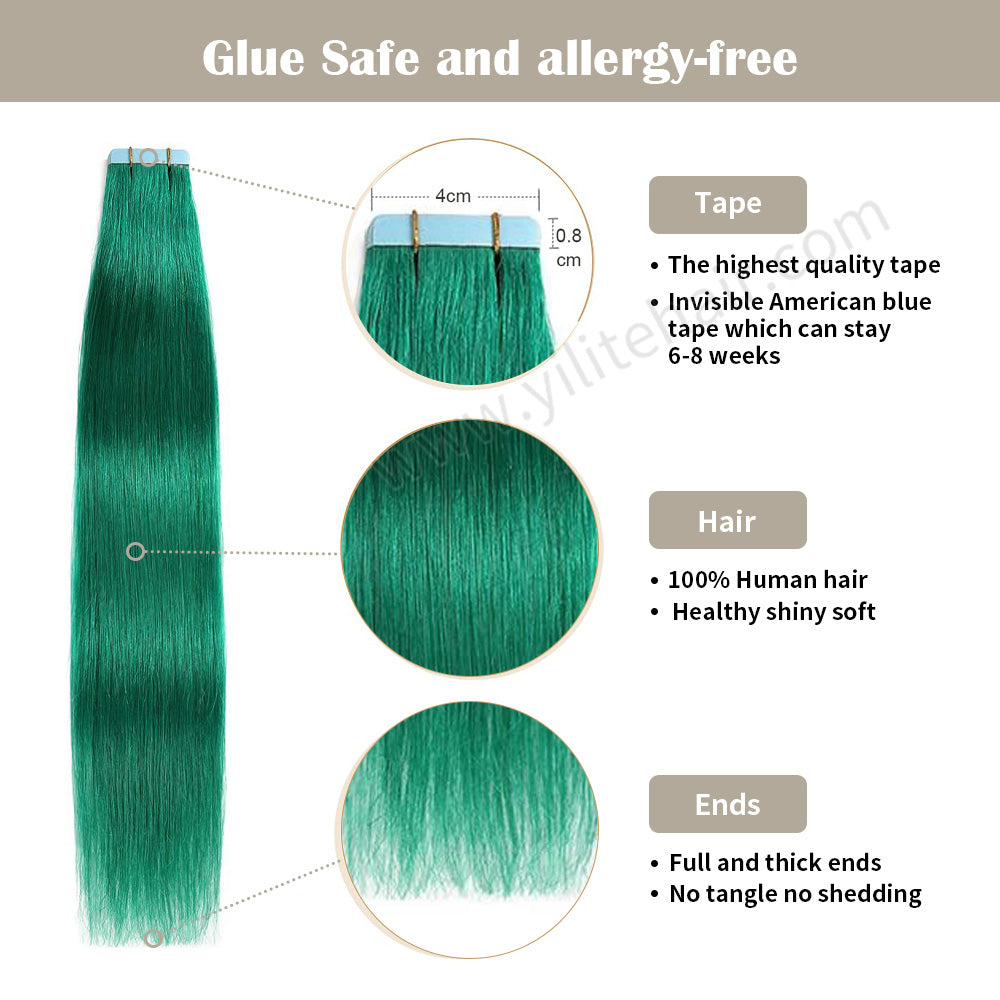 YILITE Tape In Hair Extensions 24Pcs Tape Ins Natural Remy Human Hair (#Teal Green)