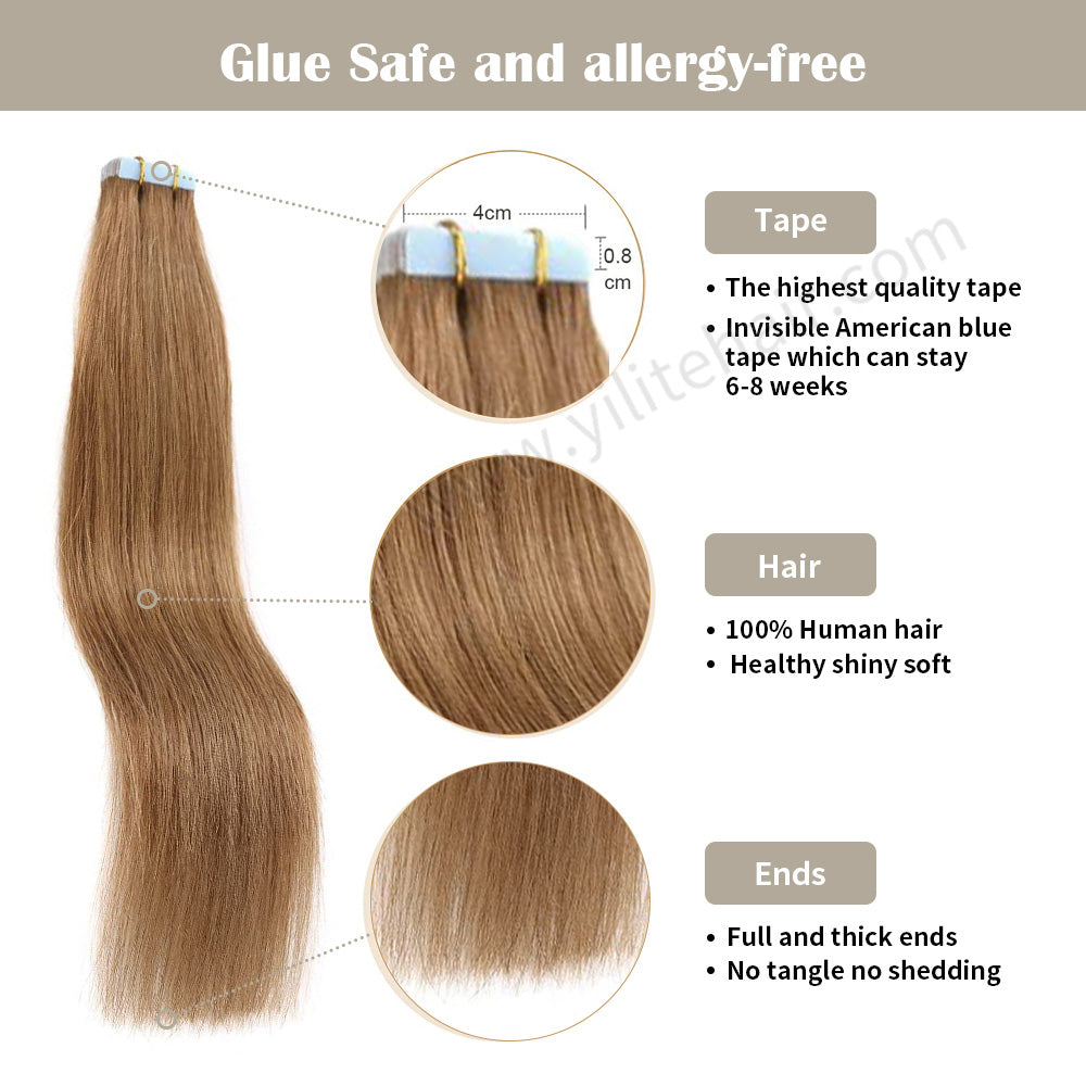 YILITE Tape In Hair Extensions 24Pcs Tape Ins Natural Remy Human Hair (#8 Light Brown)