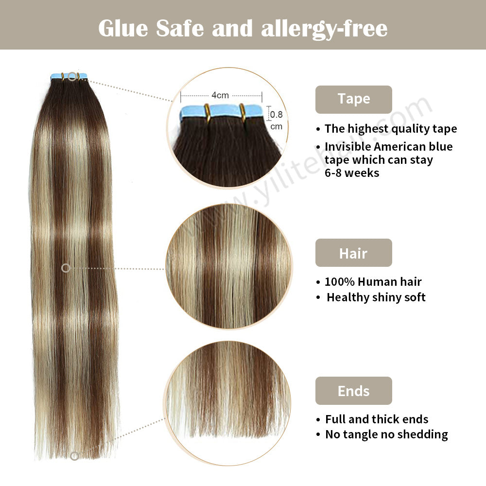 YILITE Tape In Hair Extensions 24Pcs Tape Ins Natural Remy Human Hair (#P6/613/T4)