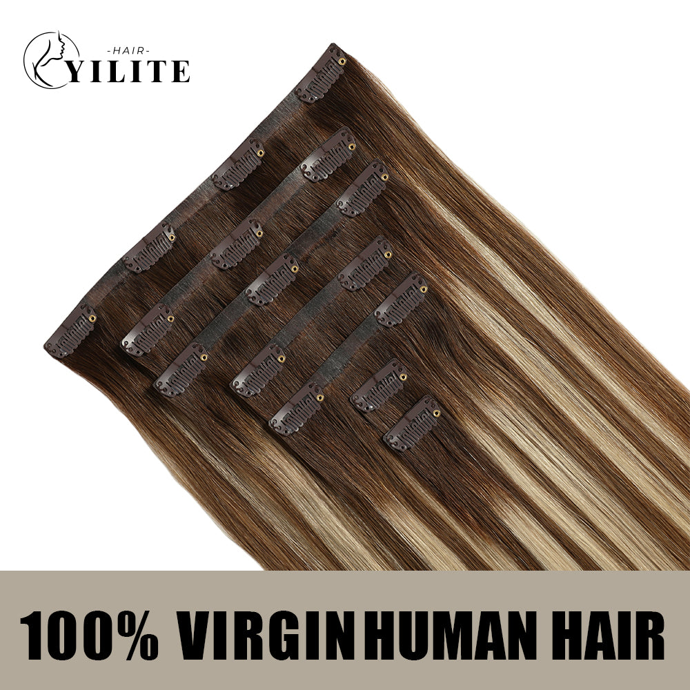 YILITE Seamless Injected Hand-Tied Invisible Clip-ins 7Pcs 16 Clips Virgin Human Hair (#P6/613/T4)