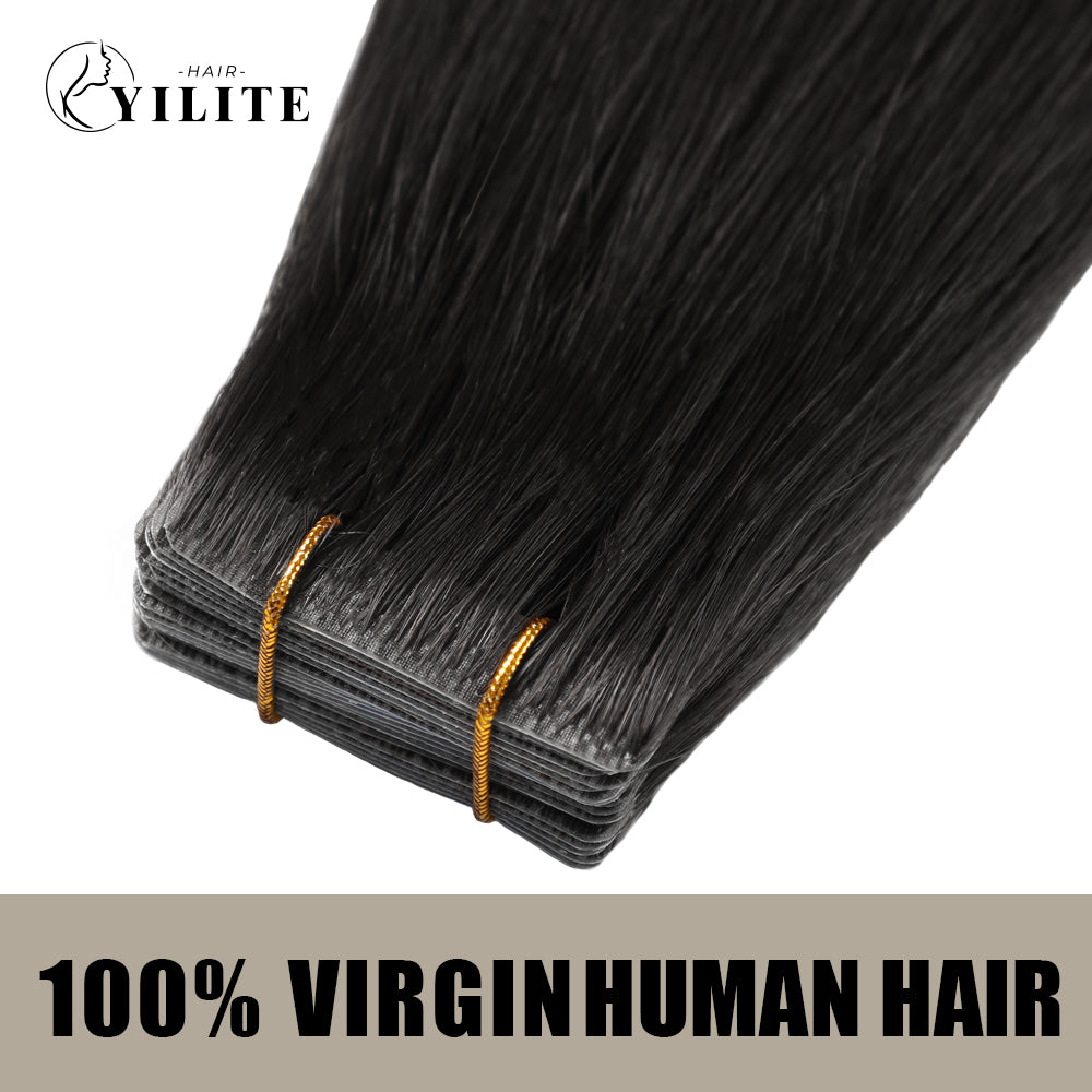 YILITE Seamless Injected Hand-Tied Invisible Tape In Hair Extension 20Pcs Virgin Human Hair (#1 Jet Black )