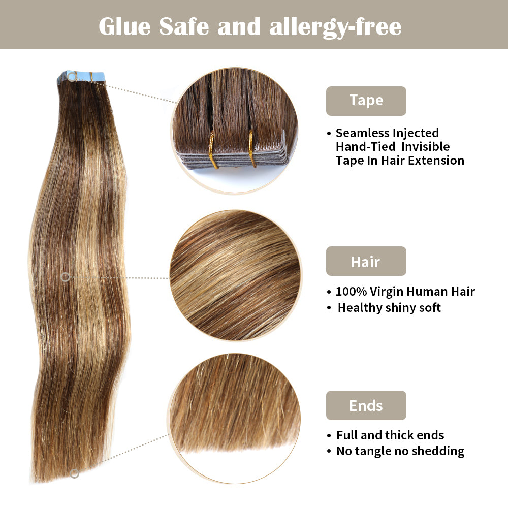 YILITE Seamless Injected Hand-Tied Invisible Tape In Hair Extension 20Pcs Virgin Human Hair (P4/27/T4)