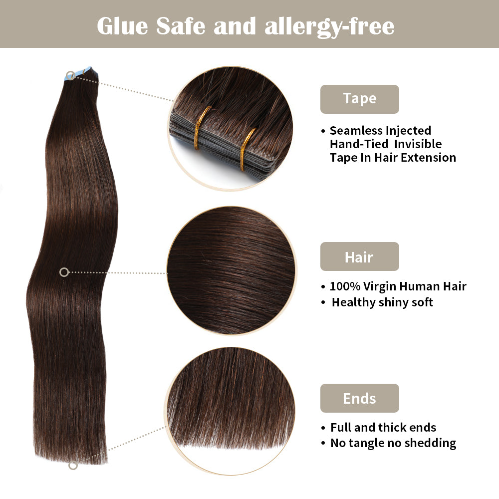 YILITE Seamless Injected Hand-Tied Invisible Tape In Hair Extension 20Pcs Virgin Human Hair (#2 Darkest Brown)