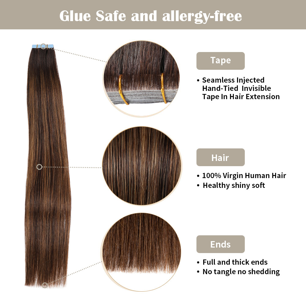 YILITE Seamless Injected Hand-Tied Invisible Tape In Hair Extension 20Pcs Virgin Human Hair (P2/6/T2)