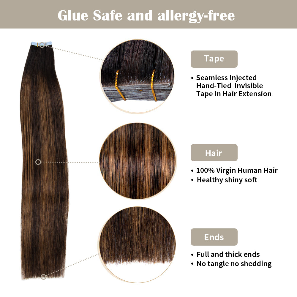 YILITE Seamless Injected Hand-Tied Invisible Tape In Hair Extension 20Pcs Virgin Human Hair (P1B/6/TIB)