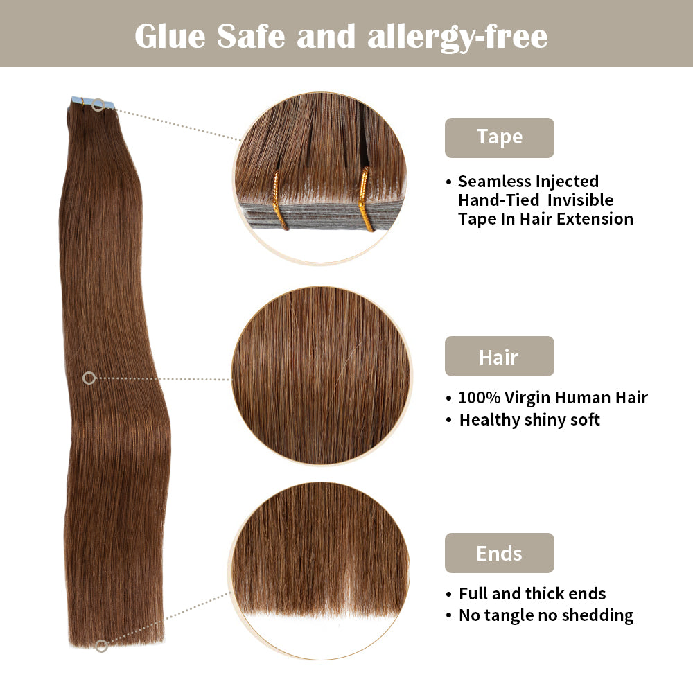 YILITE Seamless Injected Hand-Tied Invisible Tape In Hair Extension 20Pcs Virgin Human Hair (#6)