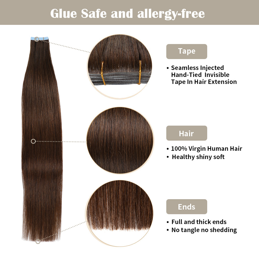 YILITE Seamless Injected Hand-Tied Invisible Tape In Hair Extension 20Pcs Virgin Human Hair (#4)