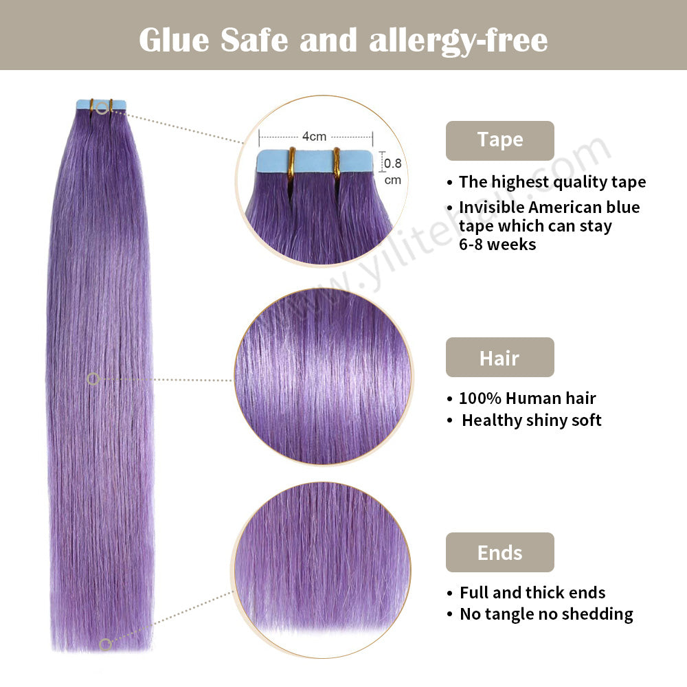 YILITE Tape In Hair Extensions 24Pcs Tape Ins Natural Remy Human Hair (#Purple)