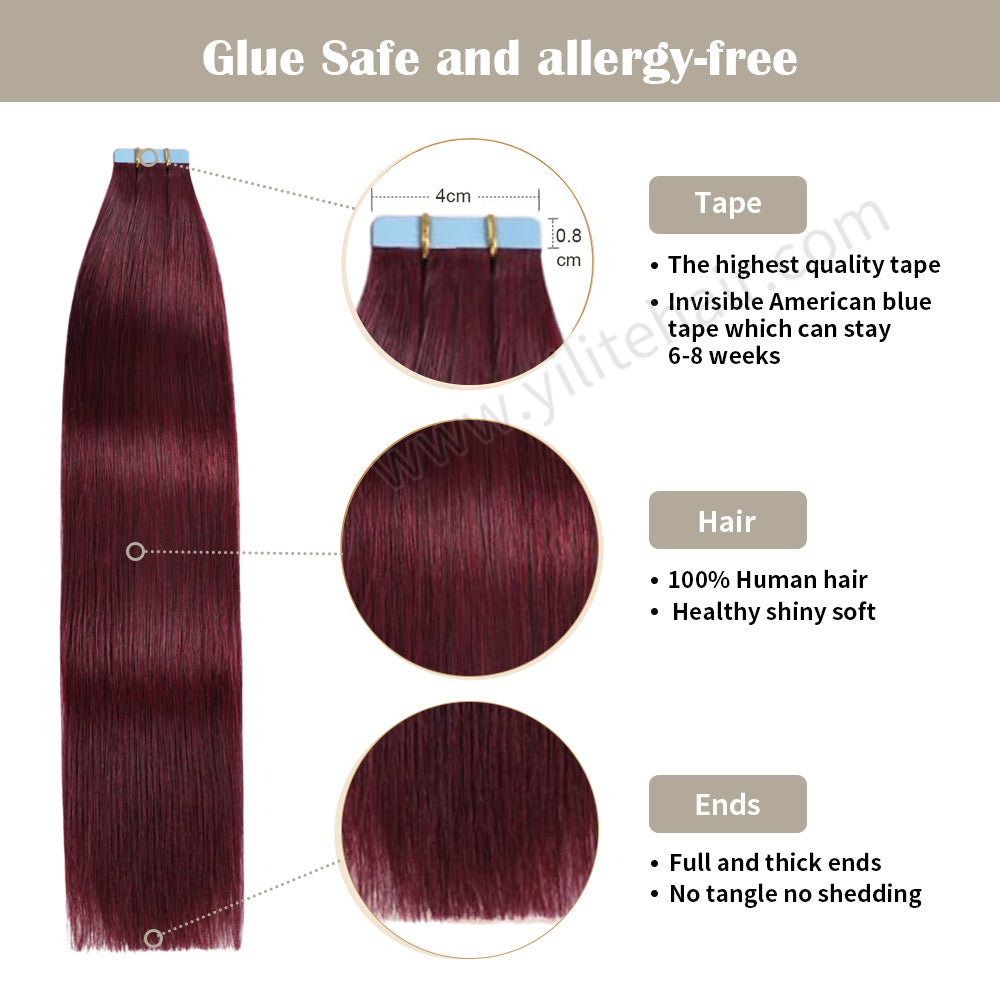 YILITE Tape In Hair Extensions 24Pcs Tape Ins Natural Remy Human Hair (#99J Burgundy)