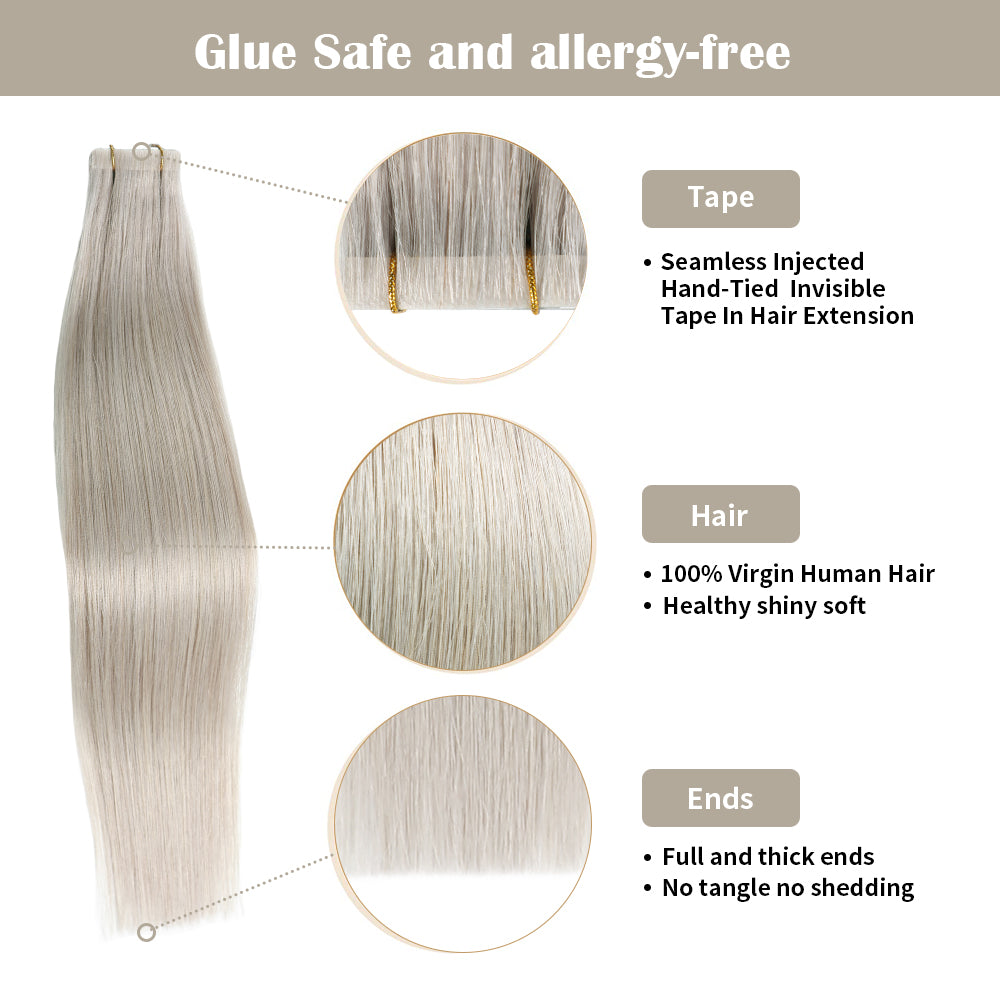 YILITE Seamless Injected Hand-Tied Invisible Tape In Hair Extension 20Pcs Virgin Human Hair (#Silver)