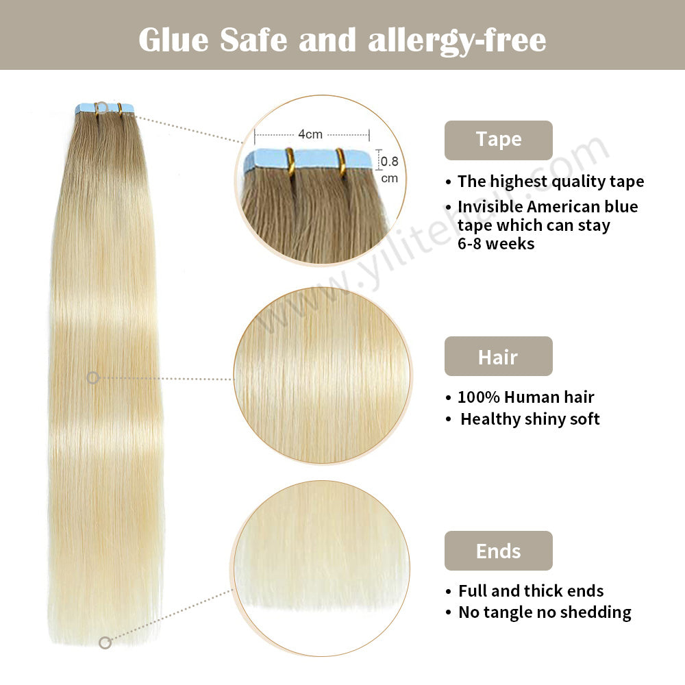 YILITE Tape In Hair Extensions 24Pcs Tape Ins Natural Remy Human Hair (#P22/60/T18)