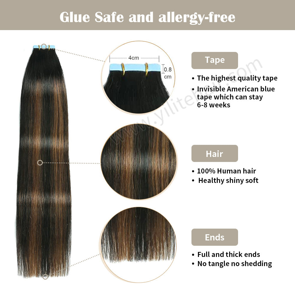 YILITE Tape In Hair Extensions 24Pcs Tape Ins Natural Remy Human Hair (#P1B/6/T1B)