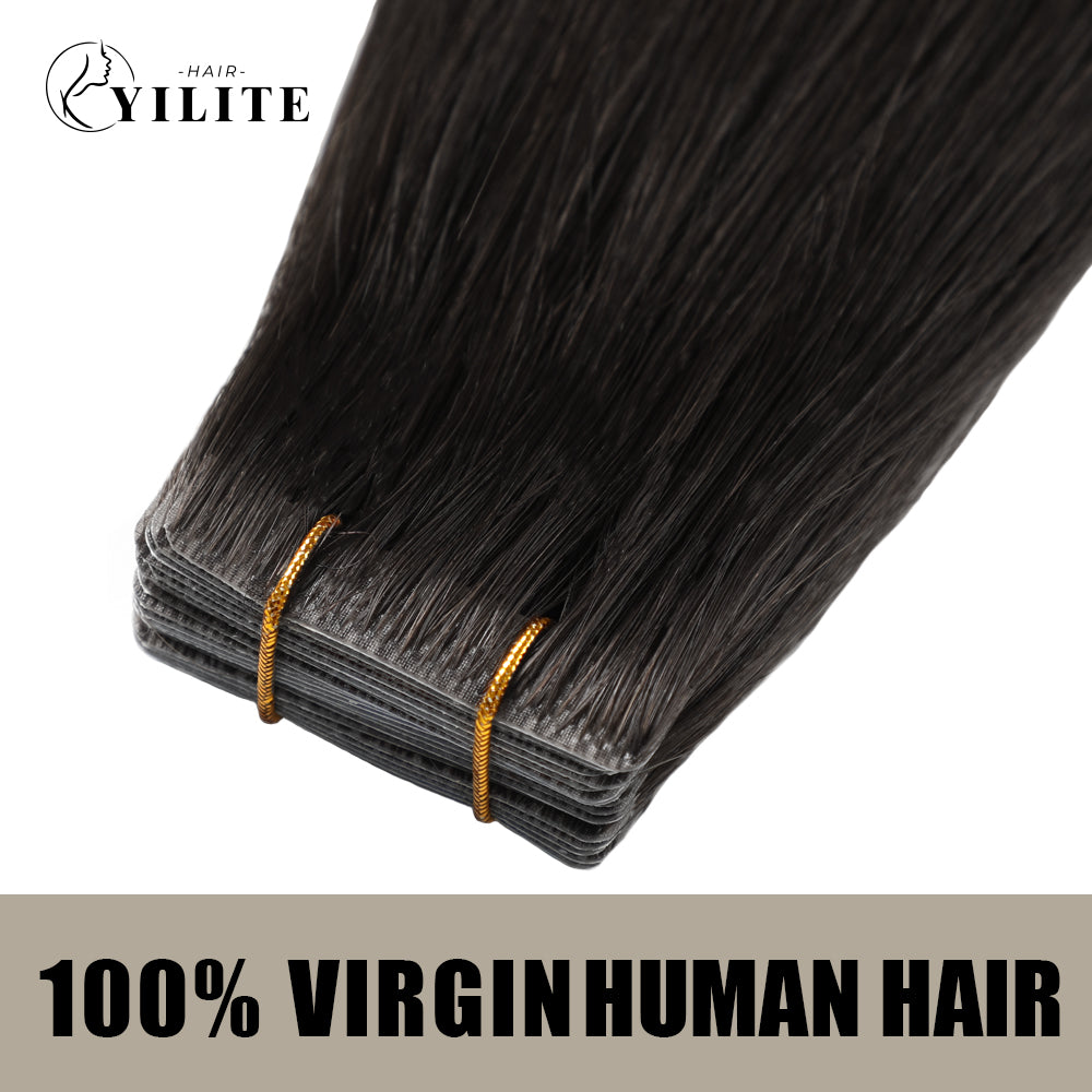 YILITE Seamless Injected Hand-Tied Invisible Tape In Hair Extension 20Pcs Virgin Human Hair (#1B )