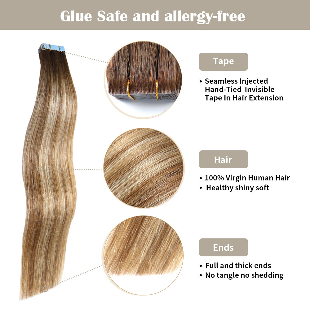 YILITE Seamless Injected Hand-Tied Invisible Tape In Hair Extension 20Pcs Virgin Human Hair (P6/613/T4)