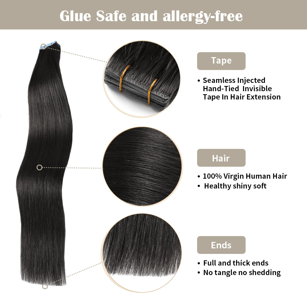 YILITE Seamless Injected Hand-Tied Invisible Tape In Hair Extension 20Pcs Virgin Human Hair (#1 Jet Black )