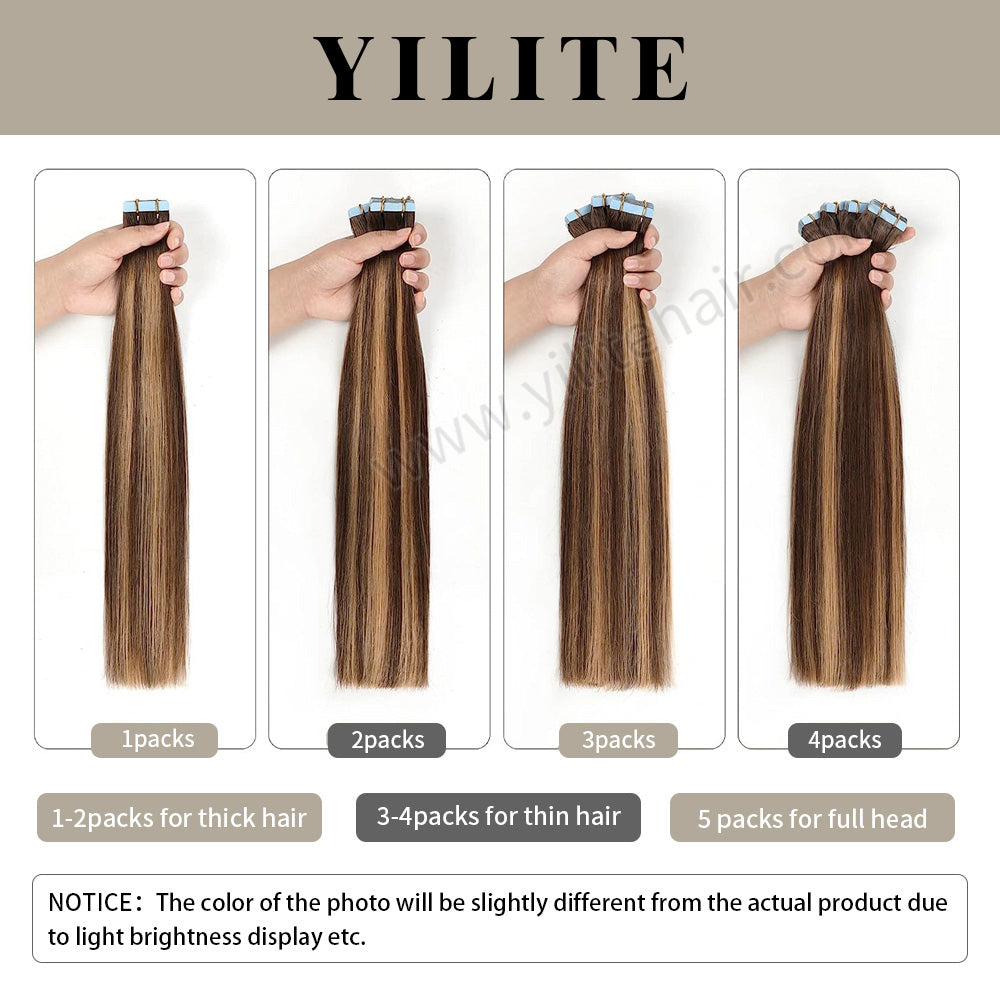 YILITE Tape In Hair Extensions 24Pcs Tape Ins Natural Remy Human Hair (#P4/27/T4)