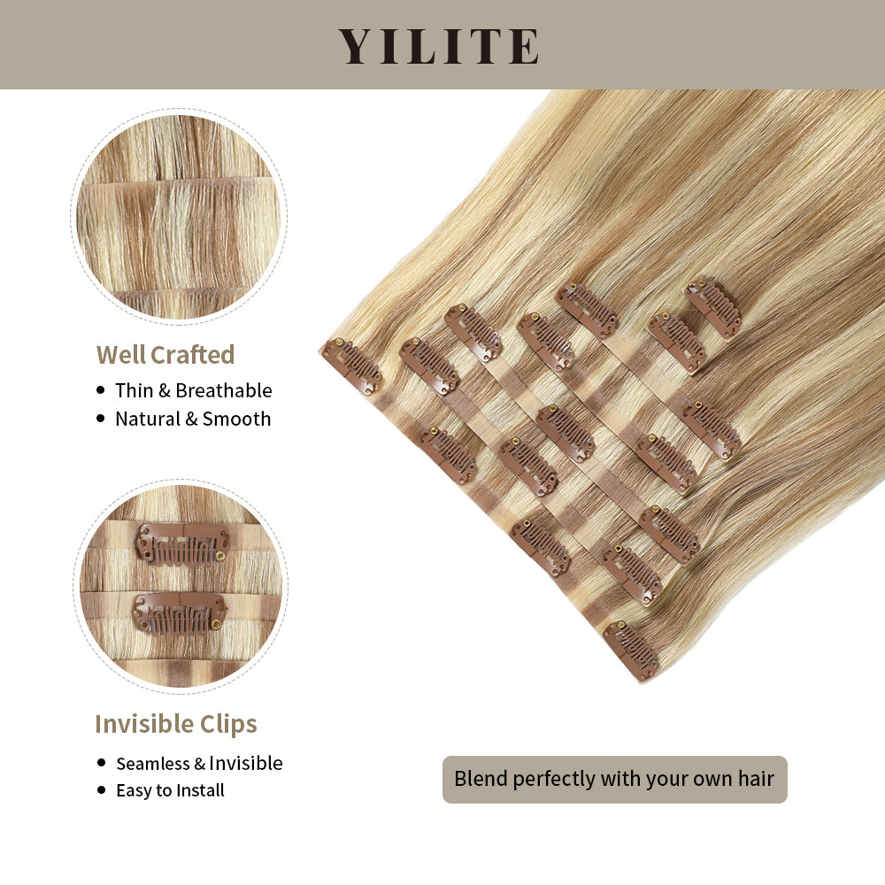 YILITE Seamless Injected Hand-Tied Invisible Clip-ins 7Pcs 16 Clips Virgin Human Hair (#P18/613)