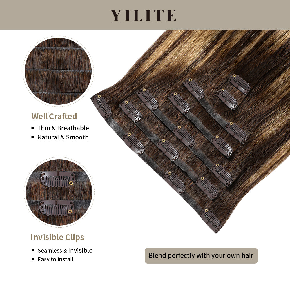 YILITE Seamless Injected Hand-Tied Invisible Clip-ins 7Pcs 16 Clips Virgin Human Hair (#P4/27/T4)