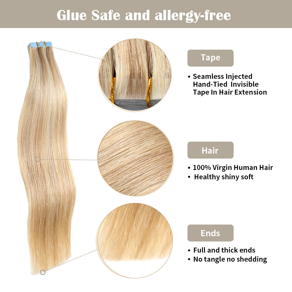 YILITE Seamless Injected Hand-Tied Invisible Tape In Hair Extension 20Pcs Virgin Human Hair (P18/613)