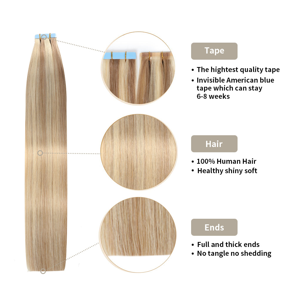 YILITE Narrow Invisible Tape In Hair Extension Remy Human Hair 24Pcs (#P18/613)