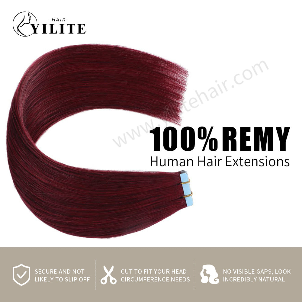 YILITE Tape In Hair Extensions 24Pcs Tape Ins Natural Remy Human Hair (#99J Burgundy)