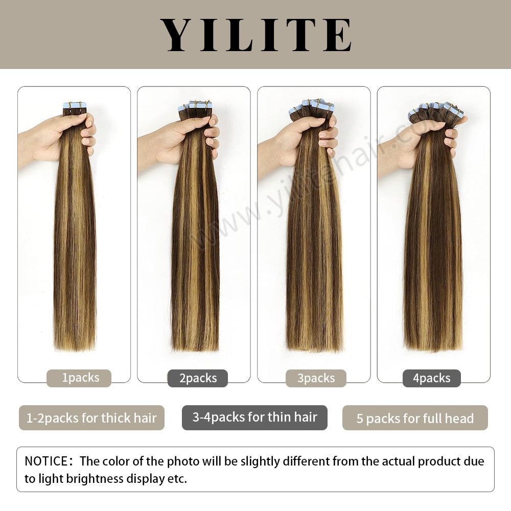 YILITE Tape In Hair Extensions 24Pcs Tape Ins Natural Remy Human Hair (#P6/613/T4)