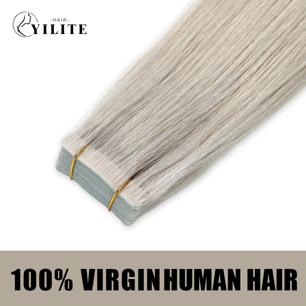 YILITE Seamless Injected Hand-Tied Invisible Tape In Hair Extension 20Pcs Virgin Human Hair (#Silver)