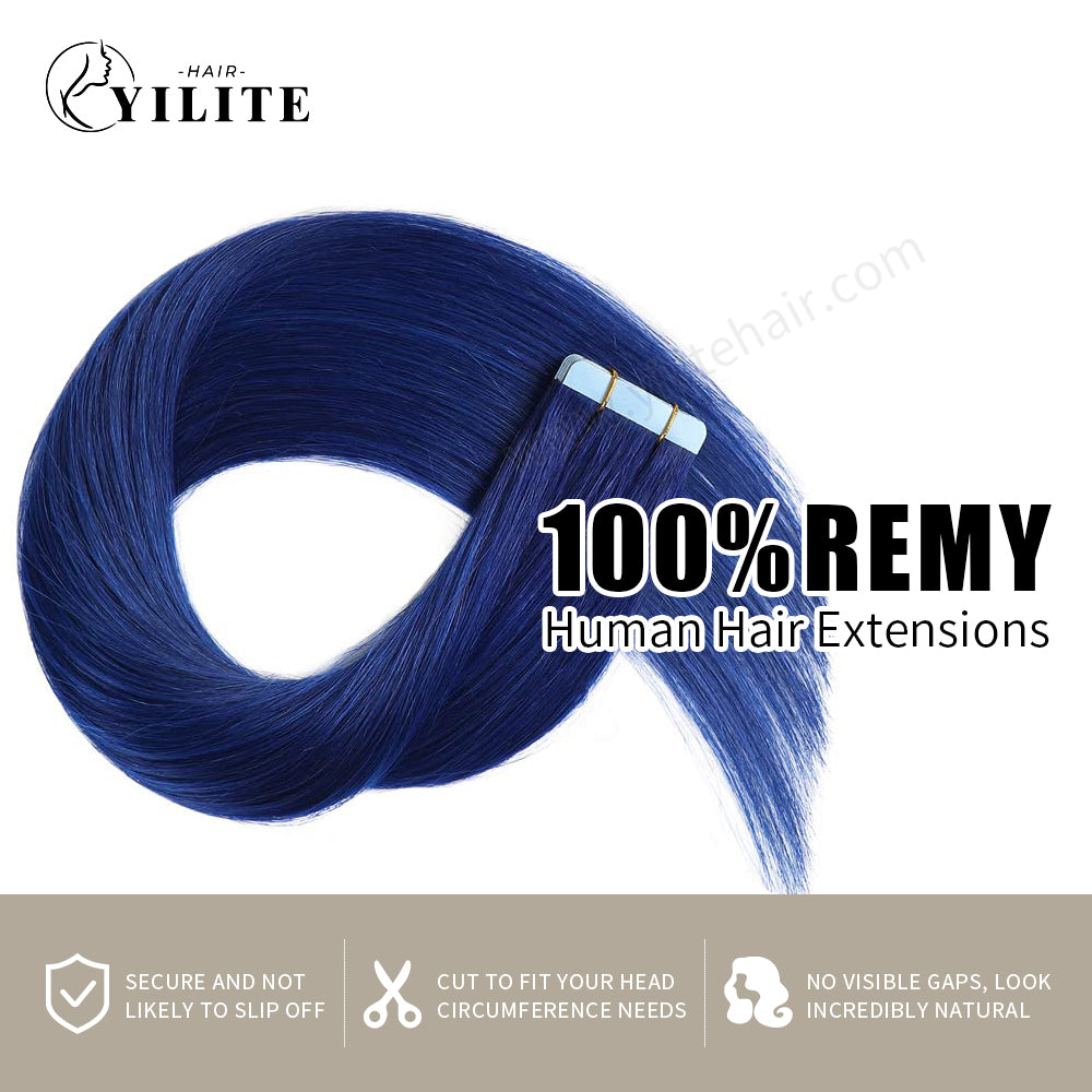 YILITE Tape In Hair Extensions 24Pcs Tape Ins Natural Remy Human Hair (#Blue)