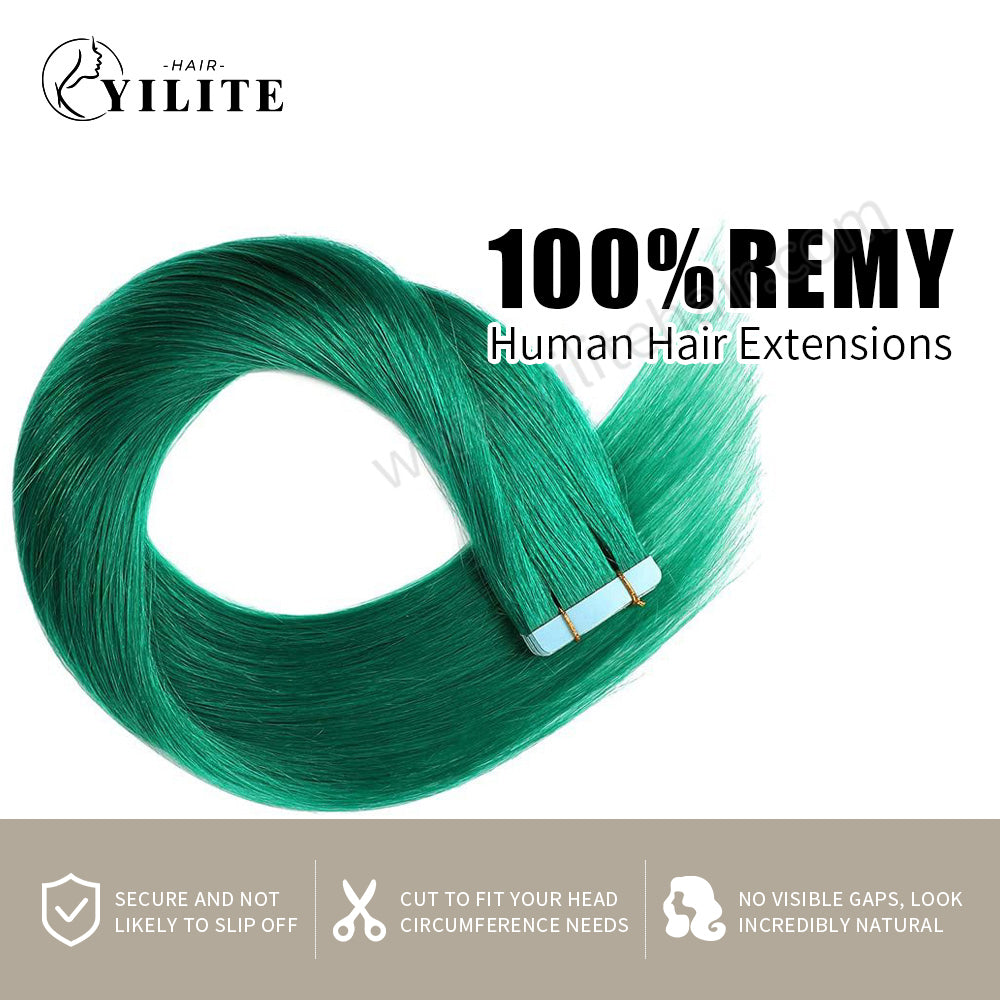 YILITE Tape In Hair Extensions 24Pcs Tape Ins Natural Remy Human Hair (#Teal Green)