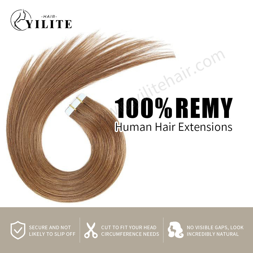 YILITE Tape In Hair Extensions 24Pcs Tape Ins Natural Remy Human Hair (#8 Light Brown)