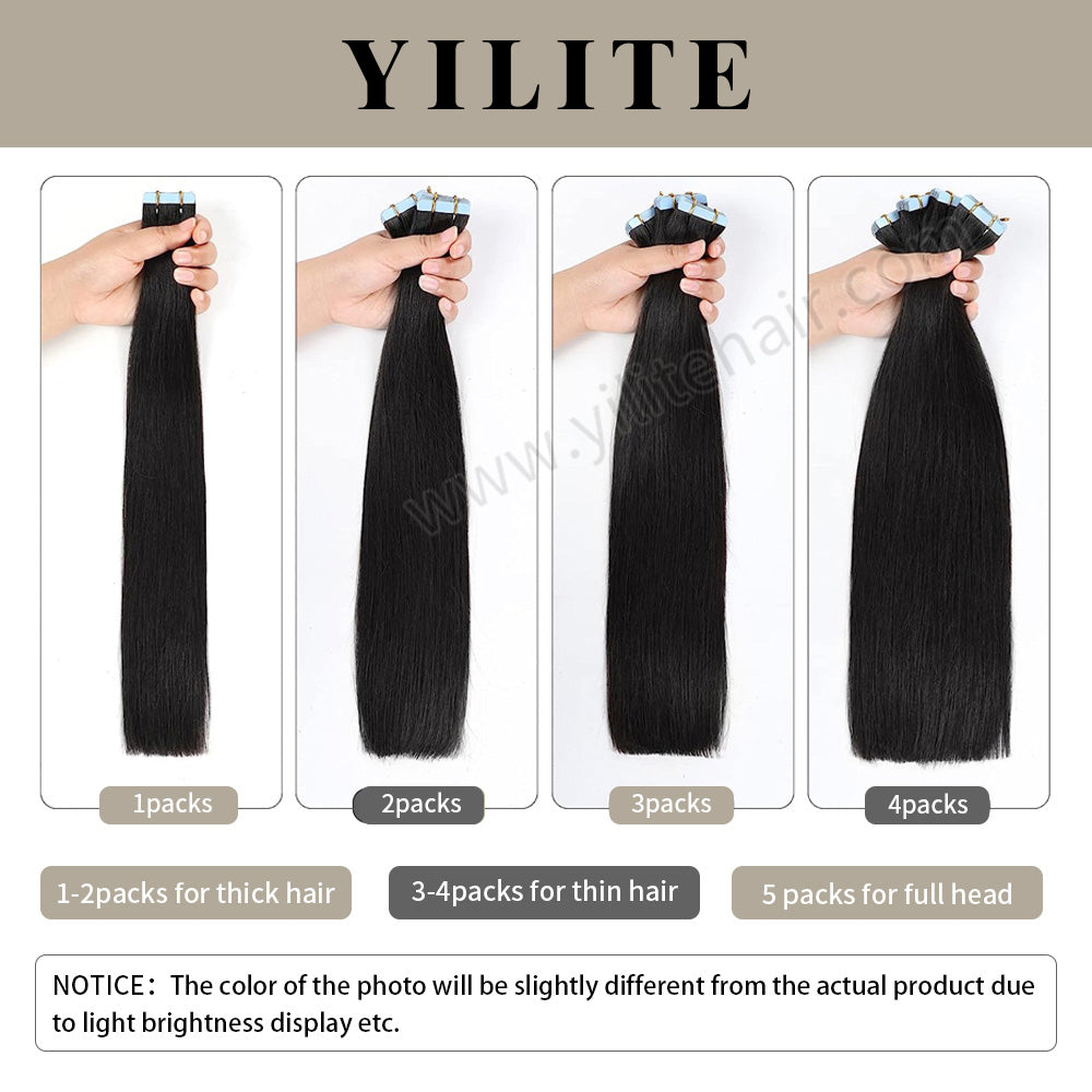 YILITE Tape In Hair Extensions 24Pcs Tape Ins Natural Remy Human Hair (#1 Jet Black )