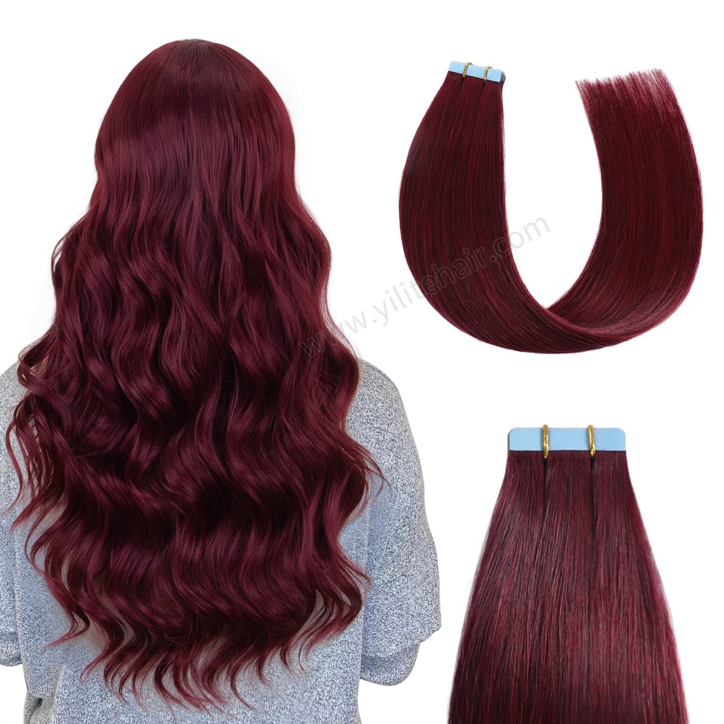 YILITE Tape In Hair Extensions 24Pcs Tape Ins Natural Remy Human Hair (#99J Burgundy)