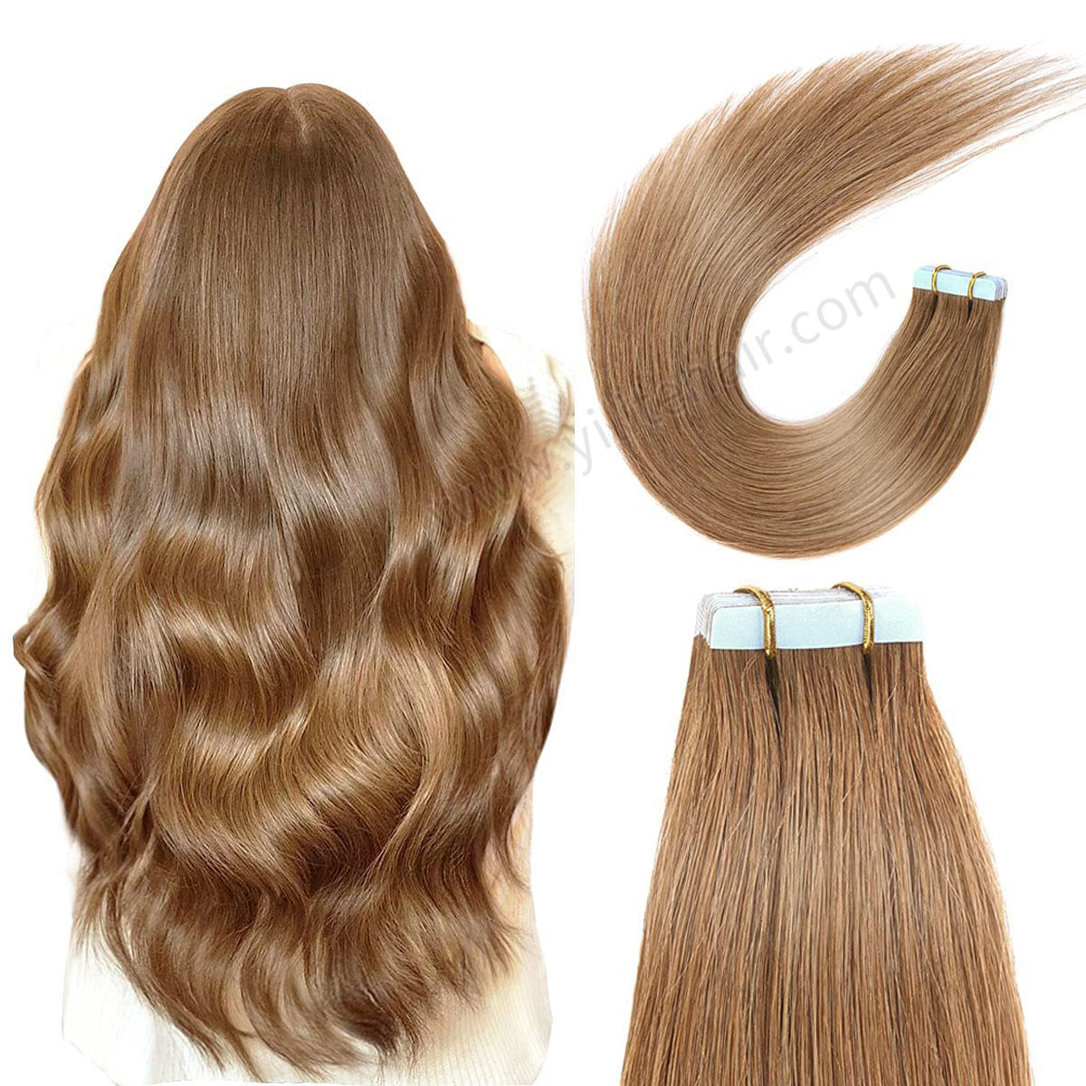 YILITE Tape In Hair Extensions 24Pcs Tape Ins Natural Remy Human Hair (#8 Light Brown)