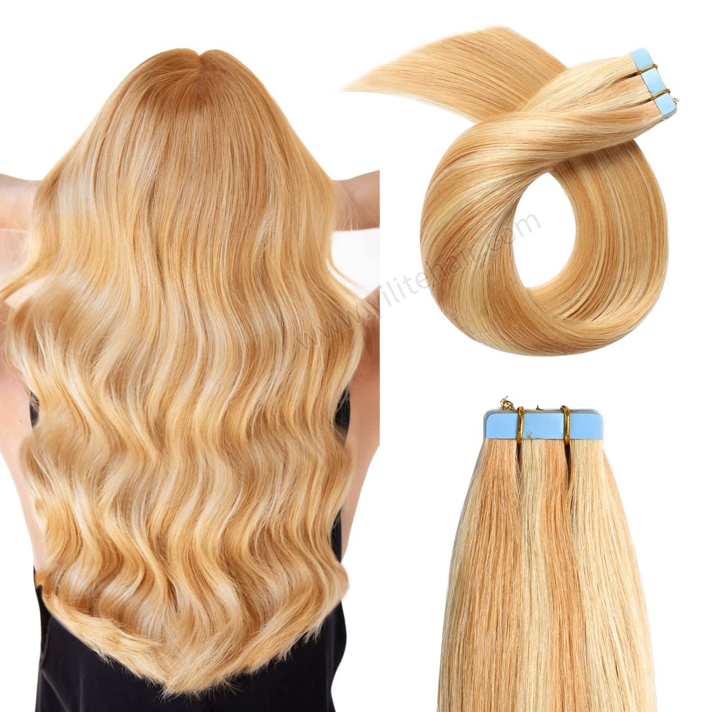 YILITE Tape In Hair Extensions 24Pcs Tape Ins Natural Remy Human Hair (#P27/613 Strawberry Blonde Mixed Bleach Blonde)