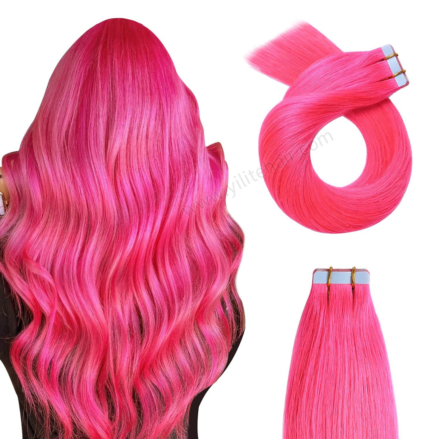 YILITE Tape In Hair Extensions 24Pcs Tape Ins Natural Remy Human Hair (#Hot Pink)