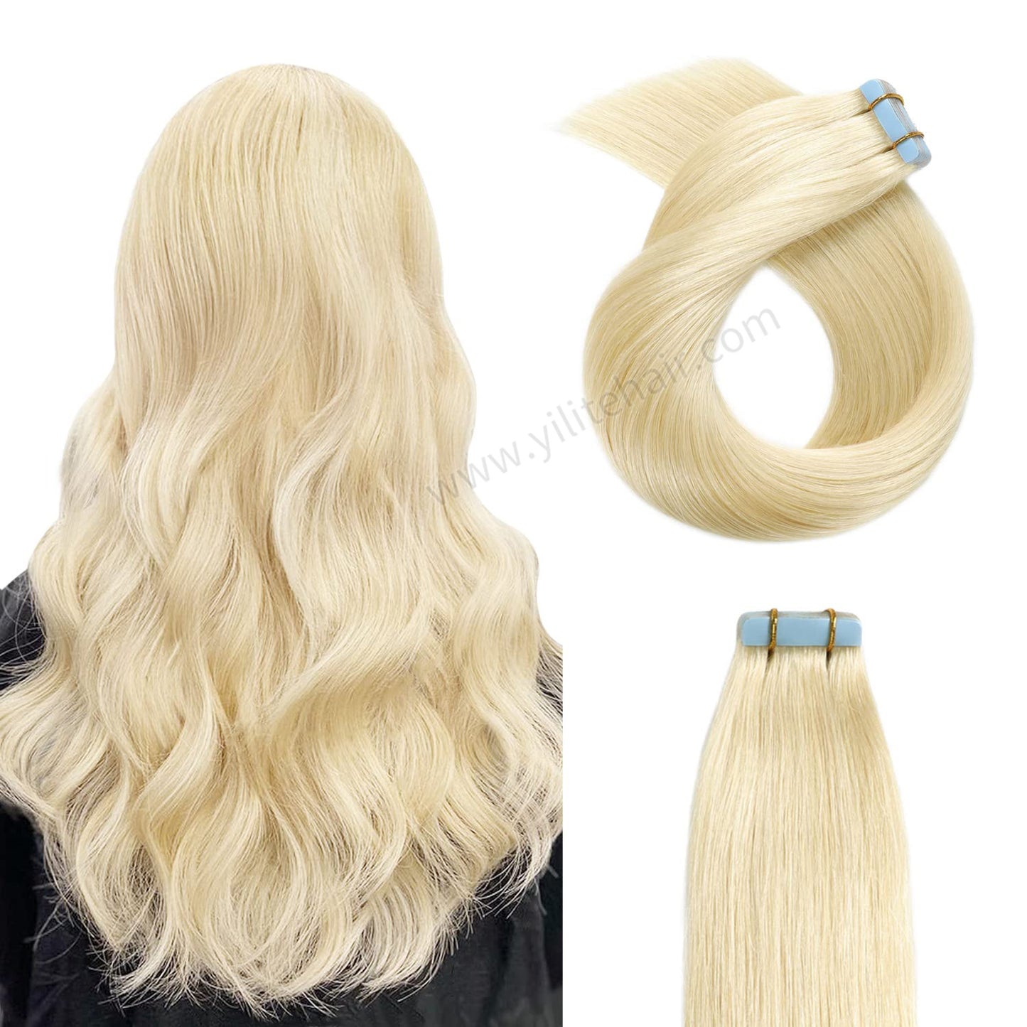 YILITE Tape In Hair Extensions 24Pcs Tape Ins Natural Remy Human Hair (#60 Platinum Blonde)